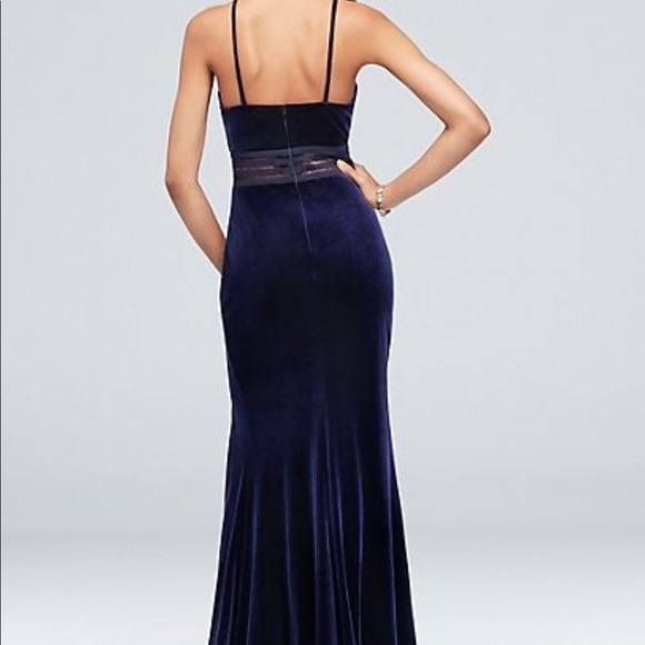 David’s Bridal Navy Velvet Prom Gown - Picture 2 of 5